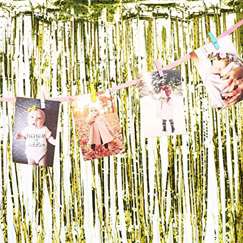 2pcs 2mx1m Cortinas Brillantes Metálicas Fiesta Cortinas Oropel Decorativas Flecos Photocall Bautizo Boda Cumpleaños Pared Ventana Hogar Dorado con Estrellas
