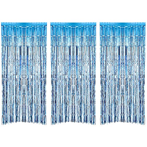 3 Piezas de Cortina de Oropel Metálica, Cortina Brillante de Borlas de Lamina Decoración de Ventana para Fiesta de Cumpleaños Boda (Azul Claro)
