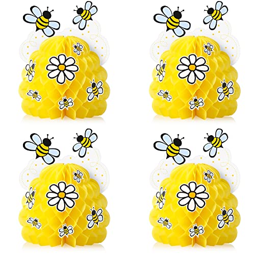 4 Sets de Decoraciones para Fiesta de Abeja 4 Decoraciones de Panal de Centros de Mesa de Abejorro para Bebé con 4 Hojas de Pegatinas de Girasol Abejas para Fiesta Temáticas de Abejas