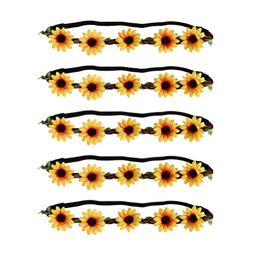 ABOOFAN Guirnalda hawaiana para el pelo de girasol, 5 unidades, guirnalda de flores simuladas para el pelo, estilo bohemio, tocado para la playa o fiestas (amarillo)