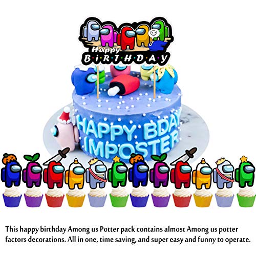 Among Us Suministro de Fiesta de Cumpleaños con Among Us de Decoración,Decoración de Fiesta de Cumpleaños Espacio del Hombre lobo,Globo,Cake Topper,Banner para Niños Decoración de Tartas de Fiesta