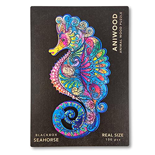 ANIWOOD Puzzle de Madera con Forma de Animal. Tapa troquelada a tamaño Real del Puzzle. Contiene Piezas únicas de Animales (Small, Caballito de Mar)