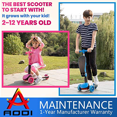 AOODIL Patinete 2 en 1 para niños, Patinete de 3 Ruedas con Asiento Plegable/extraíble, Altura Ajustable, Ruedas iluminadas para niños pequeños, niñas y niños de 2 a 12 años
