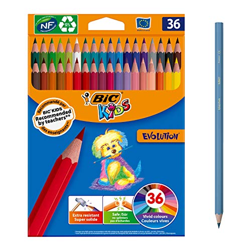 BIC Kids Evolution Lápices para colorear, blíster de 36 unidades + Kid Couleur Rotuladores para niños, Punta Media Colores Surtidos