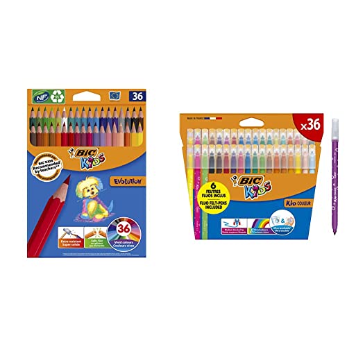 BIC Kids Evolution Lápices para colorear, blíster de 36 unidades + Kid Couleur Rotuladores para niños, Punta Media Colores Surtidos