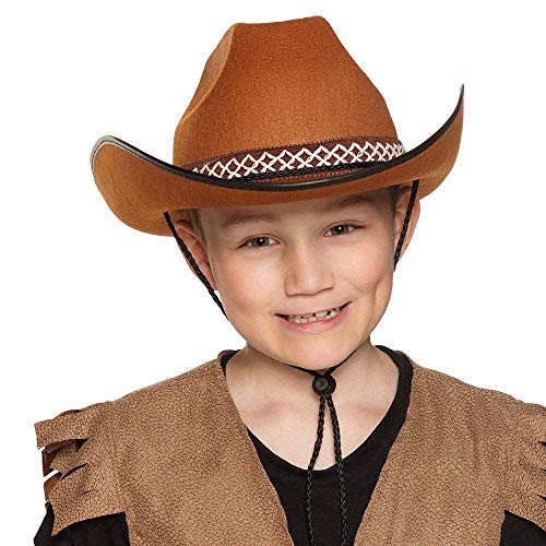 Boland 54370 - Sombrero infantil de vaquero para niño, color marrón, con ribete y cordón para sombrero, talla única, carnaval, Halloween, fiestas temáticas, disfraces, teatro, disfraz, accesorio