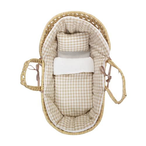Borda y más Capazo de Mimbre para Muñecas + Vestidura – Moises de Mimbre para muñecas – Inclue: Colcha, Almohada, cubrecapazo y colchón – Vichy – Handmade – Nenel – (Muñeco NO Incluido) (Arena)