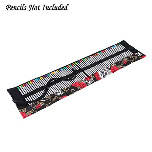 BTSKY Estuche Enrollable para Lápices con 72 Agujeros Cortina de Lápices de Tela de Gran Capacidad Organizador para Envolver Lápices de Colores, Color Negro Estampado de Rosa Calavera