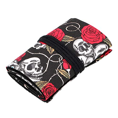 BTSKY Estuche Enrollable para Lápices con 72 Agujeros Cortina de Lápices de Tela de Gran Capacidad Organizador para Envolver Lápices de Colores, Color Negro Estampado de Rosa Calavera