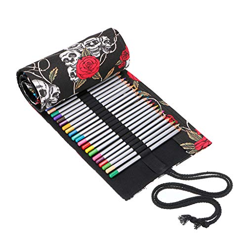 BTSKY Estuche Enrollable para Lápices con 72 Agujeros Cortina de Lápices de Tela de Gran Capacidad Organizador para Envolver Lápices de Colores, Color Negro Estampado de Rosa Calavera