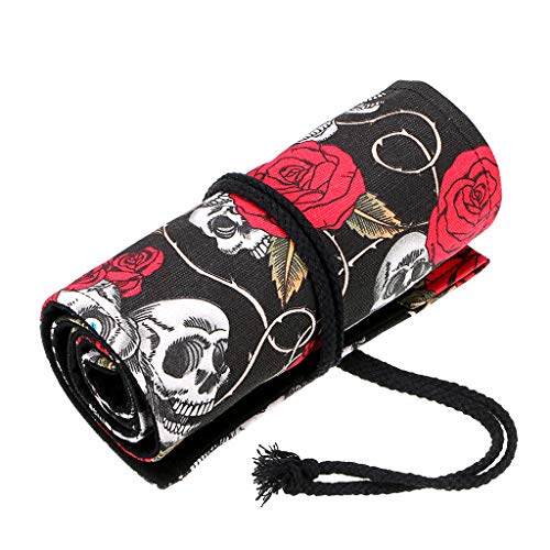 BTSKY Estuche Enrollable para Lápices con 72 Agujeros Cortina de Lápices de Tela de Gran Capacidad Organizador para Envolver Lápices de Colores, Color Negro Estampado de Rosa Calavera