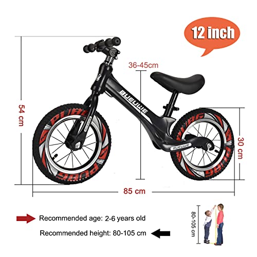 Bueuwe 12/14 Pulgadas Bicicleta NiñO, Sin Pedales,Ultraligera,Manillar Y SillíN Ajustables,Bici para NiñOs De 2 A 7 AñOs Juguetes,hasta 45 Kg,3 Colores,Negro,12 Inches