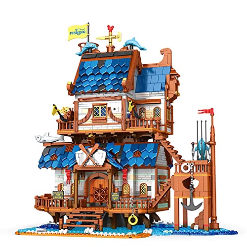 Casa modular medieval, vista de la calle europea Arquitectura medieval Casa de pesca 2450 bloques compatibles con Lego Ideas 21325 Herrería medieval