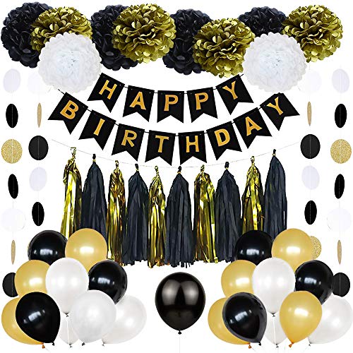 CHUER Decoraciones de Fiesta en Negro y Dorado, Banner de Feliz cumpleaños Globos, Flor Pompones, Guirnaldas borlas frías