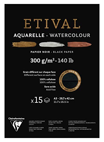 Clairefontaine 975319C - Un bloc encollé 1 côté de papier dessin Etival 15 feuilles 29,7x42 cm 300g double grains (recto grain fin et verso grain torchon), Noir