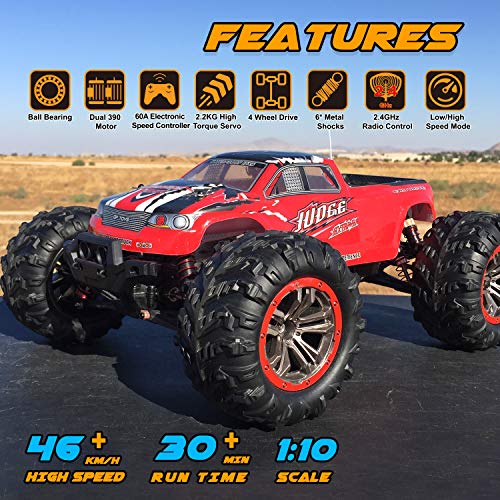 Coche teledirigido 1:10, 4 WD 48 km/h RC Car Offroad con 2 baterías de 1600 mAh IPX6 Resistente al Agua, Todoterreno monstertruck Buggy para niños y Adultos, Color Rojo