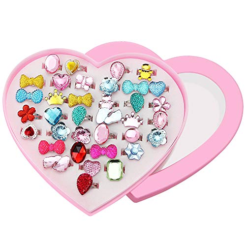 CODIRATO 36 PCS Anillo Infantil con Caja de Formato de Corazón Anillos de Dedos Ajustables Tamaños Anillos Plásticos para los Favores de la Fiesta de Cumpleaños