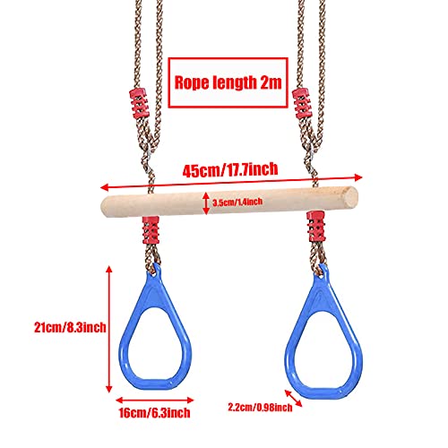 Columpio multifunción infantil de madera, columpio de exterior para niños, con anillos de gimnasia de plástico, para jardín, interior y exterior (azul)