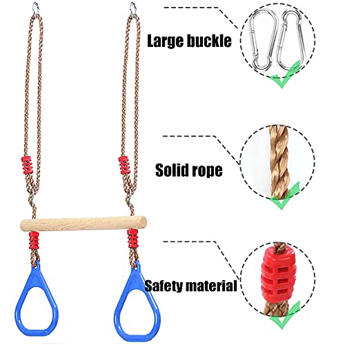 Columpio multifunción infantil de madera, columpio de exterior para niños, con anillos de gimnasia de plástico, para jardín, interior y exterior (azul)