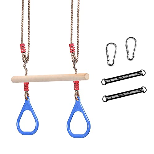 Columpio multifunción infantil de madera, columpio de exterior para niños, con anillos de gimnasia de plástico, para jardín, interior y exterior (azul)