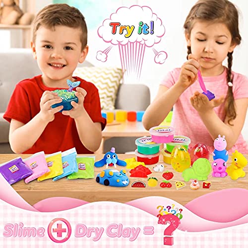 COOLJOY 55 PCS Kit de Slime, DIY Slime Set, Activador Slime para Hacer Kit Slime, 12 Colores Crystal Slime con 2 Galaxy Slime Huevos, Arcilla, Rebanadas de Frutas, Regalo para Niños Navidad 3 Años