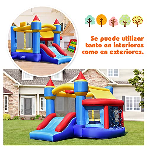COSTWAY Casa Inflable Multifuncional, Castillo Inflable con Tobogán, Piscina con Pelotas, Parches de Reparación, Casa Inflable para Patio, Uso Interno y Externo, Multicolor