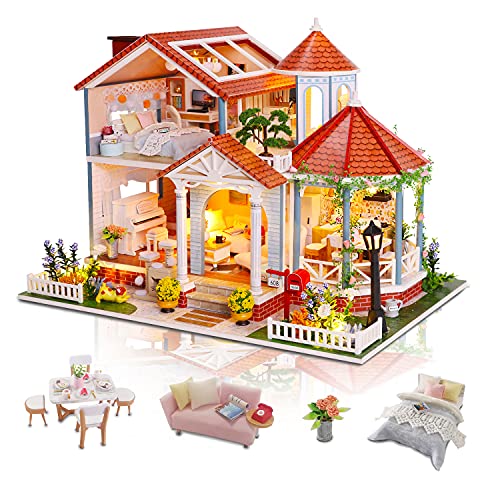 Cuteefun Casas de Munecas Madera en Miniaturas con Música y Muebles, Casas Miniaturas para Montar, Miniaturas para Manualidades, Regalo Original, Tiempo de Glaseado Coloreado