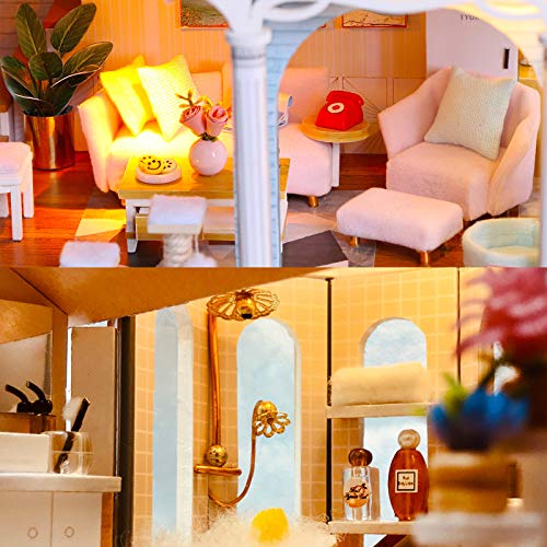 Cuteefun Casas de Munecas Madera en Miniaturas con Música y Muebles, Casas Miniaturas para Montar, Miniaturas para Manualidades, Regalo Original, Tiempo de Glaseado Coloreado