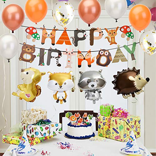 Decoraciones Forestales, Pancarta de Feliz Cumpleaños, Globos de Latex, Globos de Animales,Adorno de Tartas,Stickers Animales,Decoraciones de Fiesta de Cumpleaños para Niños y Niñas