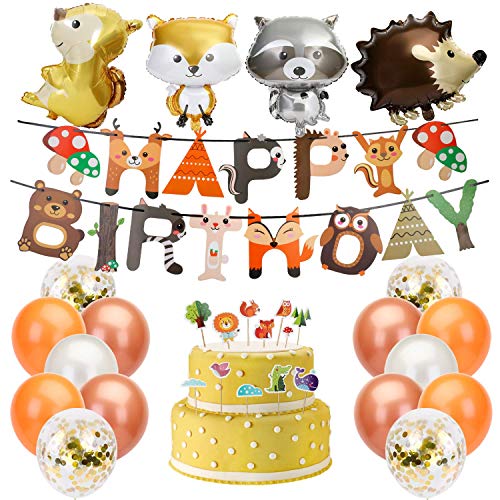 Decoraciones Forestales, Pancarta de Feliz Cumpleaños, Globos de Latex, Globos de Animales,Adorno de Tartas,Stickers Animales,Decoraciones de Fiesta de Cumpleaños para Niños y Niñas