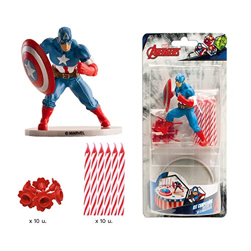 Dekora - Kit de Decoracion de Tartas con Velas de Cumpleaños + Figura Decorativa de Capitan America