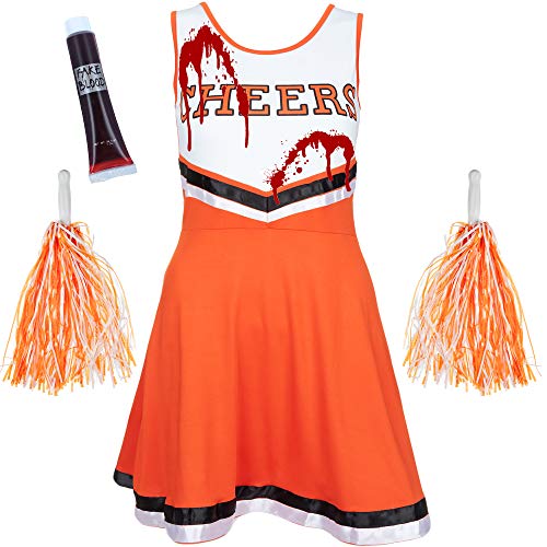 Disfraz de animadora zombi con POM POMS – Disfraz de disfraz deportivo de escuela secundaria musical de Halloween – 6 colores/talla 6 – 16, naranja, 36