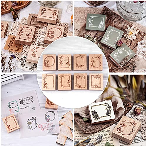 Dizdvizd Sello de Álbum de Recortes de Etiqueta Vintage, Sellos de Madera Creativos, Patrón de Marco Retro con Flores y Elfos, 8 Piezas, 4,5 x 5,4 x 2 cm