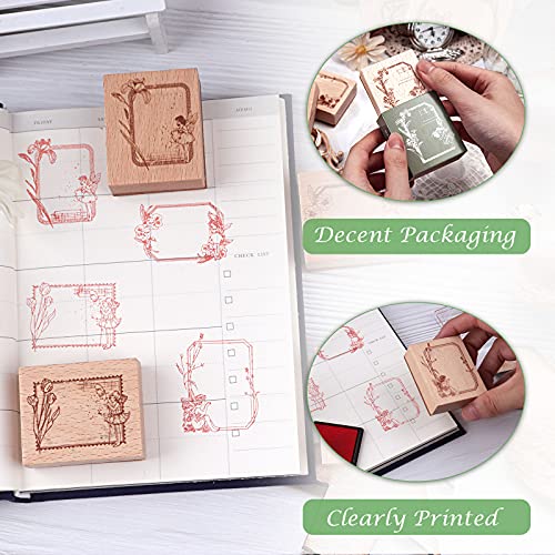Dizdvizd Sello de Álbum de Recortes de Etiqueta Vintage, Sellos de Madera Creativos, Patrón de Marco Retro con Flores y Elfos, 8 Piezas, 4,5 x 5,4 x 2 cm