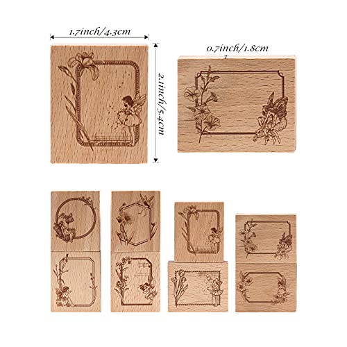 Dizdvizd Sello de Álbum de Recortes de Etiqueta Vintage, Sellos de Madera Creativos, Patrón de Marco Retro con Flores y Elfos, 8 Piezas, 4,5 x 5,4 x 2 cm
