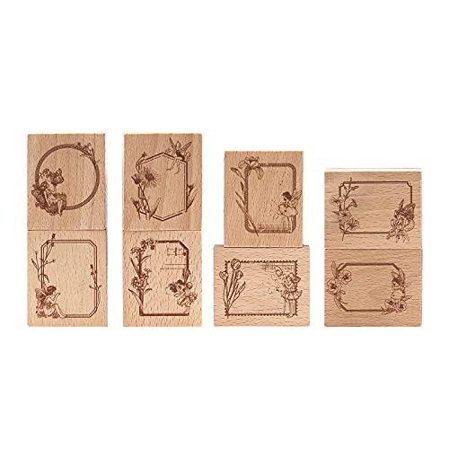 Dizdvizd Sello de Álbum de Recortes de Etiqueta Vintage, Sellos de Madera Creativos, Patrón de Marco Retro con Flores y Elfos, 8 Piezas, 4,5 x 5,4 x 2 cm
