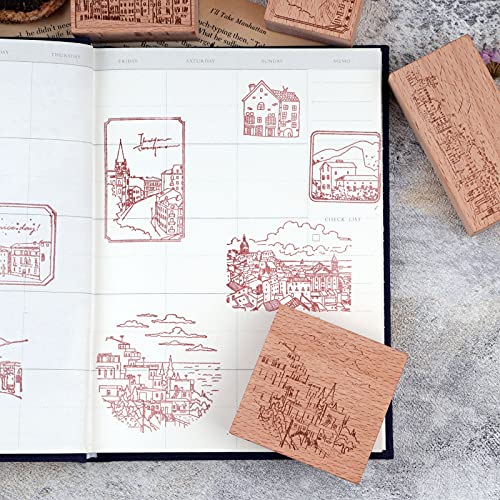 Dizdvizd Sellos de Madera Vintage con Diseño de Paisajes Urbanos para Scrapbooking, 8 Piezas, Color Madera, Incluye Espacio Libre para Colorear