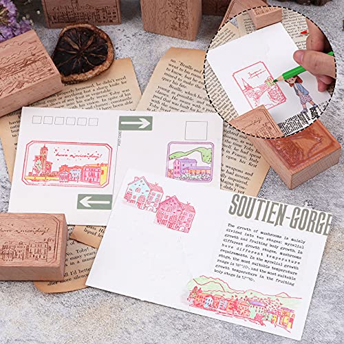 Dizdvizd Sellos de Madera Vintage con Diseño de Paisajes Urbanos para Scrapbooking, 8 Piezas, Color Madera, Incluye Espacio Libre para Colorear