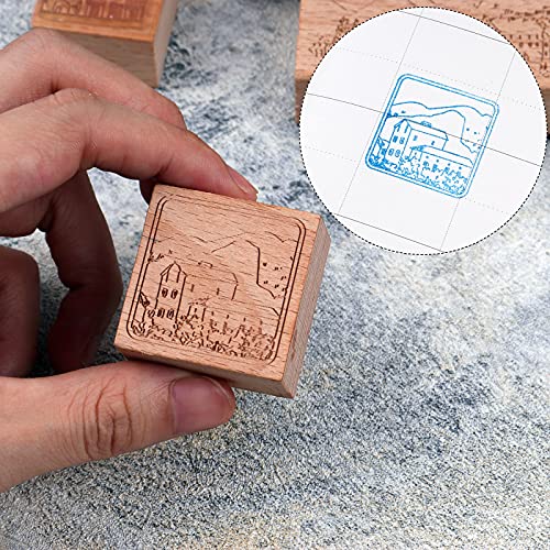 Dizdvizd Sellos de Madera Vintage con Diseño de Paisajes Urbanos para Scrapbooking, 8 Piezas, Color Madera, Incluye Espacio Libre para Colorear