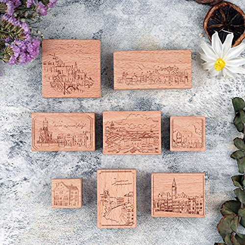 Dizdvizd Sellos de Madera Vintage con Diseño de Paisajes Urbanos para Scrapbooking, 8 Piezas, Color Madera, Incluye Espacio Libre para Colorear