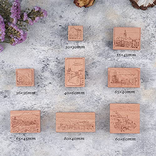 Dizdvizd Sellos de Madera Vintage con Diseño de Paisajes Urbanos para Scrapbooking, 8 Piezas, Color Madera, Incluye Espacio Libre para Colorear