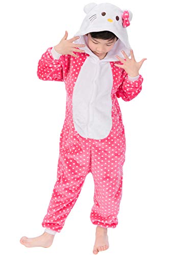 Dolamen Niños Unisexo Onesies Kigurumi Pijamas, Niña Traje Disfraz Animal Pyjamas, Ropa de Dormir Halloween Cosplay Navidad Animales de Vestuario (110-120CM (435"-47"), Hellokitty)