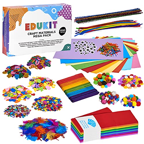 Edukit Crafting Bumper Pack; 700 piezas, que incluyen limpia pipas, pompones, gemas adhesivas, ojos saltones, láminas de espuma, plumas, papel tisú y papel artesanal