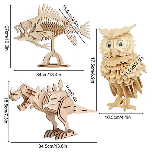 EQLEF Maquetas Madera, Modelos de artesanía de Madera Puzzle DIY Juego de Regalo de Juguete Búho de Madera Dinosaurio Peces Animal Woodcraft Puzzles Kit - 3 Piezas