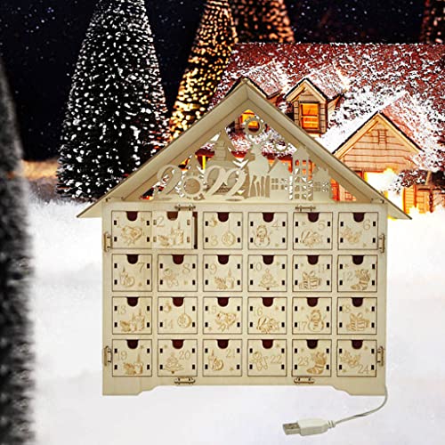 F Fityle Lindo Calendario de Adviento de Madera de Navidad 24 cajones Luces LED Fuente de alimentación USB Decoración navideña