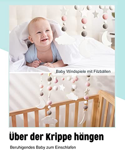 FUTURE FOUNDER Cuna de bebé móvil con sonajero de fieltro con bola de fieltro, campanilla de viento para colgar en la cama de los recién nacidos con bolas de fieltro de madera
