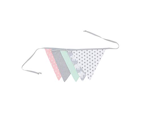 Guirnalda de banderines de ULLENBOOM ® con elefantes menta rosa (guirnalda de tela: 1,90 m; 5 banderines; decoración para la habitación de los niños; fiestas de bienvenida para bebés)