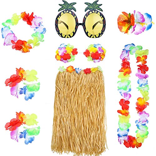 Hawaiana Falda,Falda de Hierba Hula Hawaiana 8 Piezas Hawaiana Disfraces Falda con Collar Pulsera Diadema Sujetador de Flor Clip de Pelo y Gafas de Sol de Piña para Niñas Mujeres Luau Beach Party