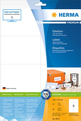 Herma 8645_ A4, 105 x 74 mm - Pack de 80 etiquetas, A4, 105 x 74 mm, color blanco