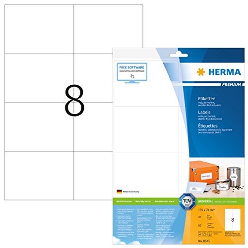 Herma 8645_ A4, 105 x 74 mm - Pack de 80 etiquetas, A4, 105 x 74 mm, color blanco